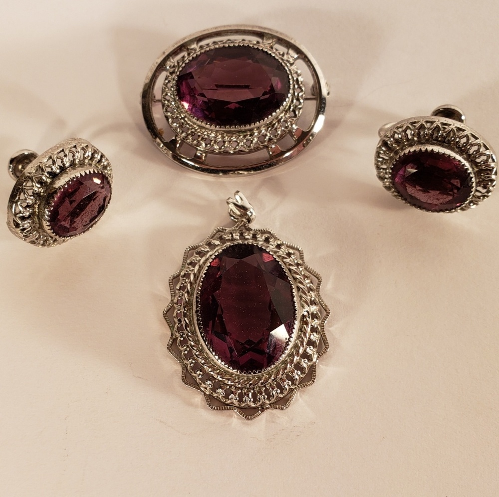 Vintage Danecraft Faceted Pendant Earrings Pin Set